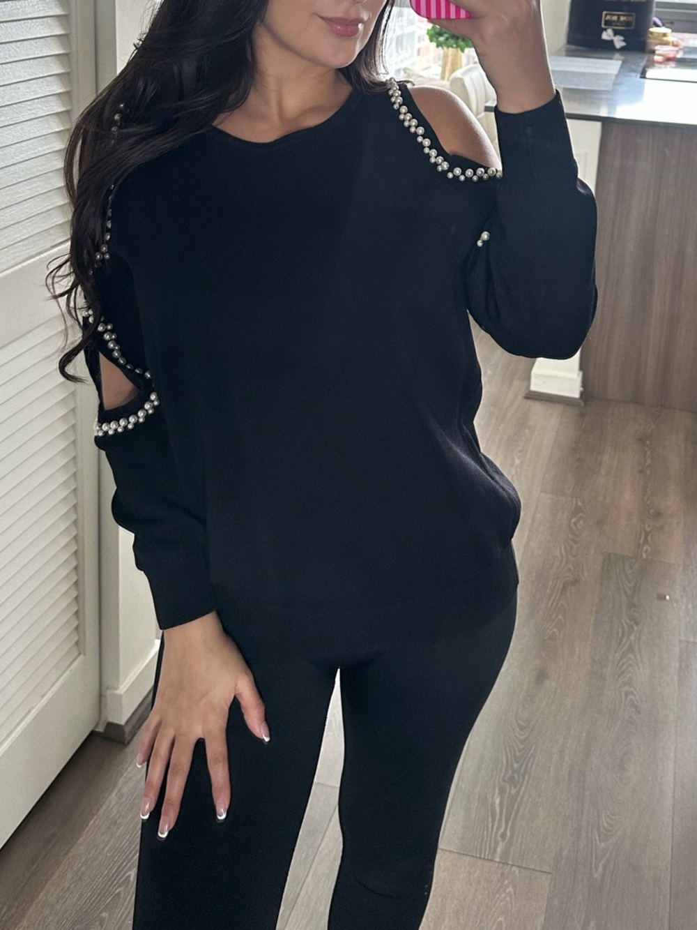Black Cold-Shoulder Pearl-Trim Sweater